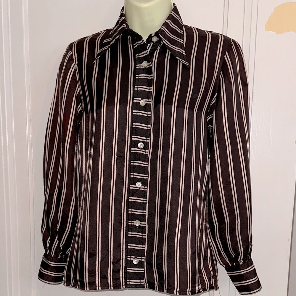 Vintage 70s HBW Brand‎ Brown & Cream Striped Nylon Polyester Long Sleeve Shirt